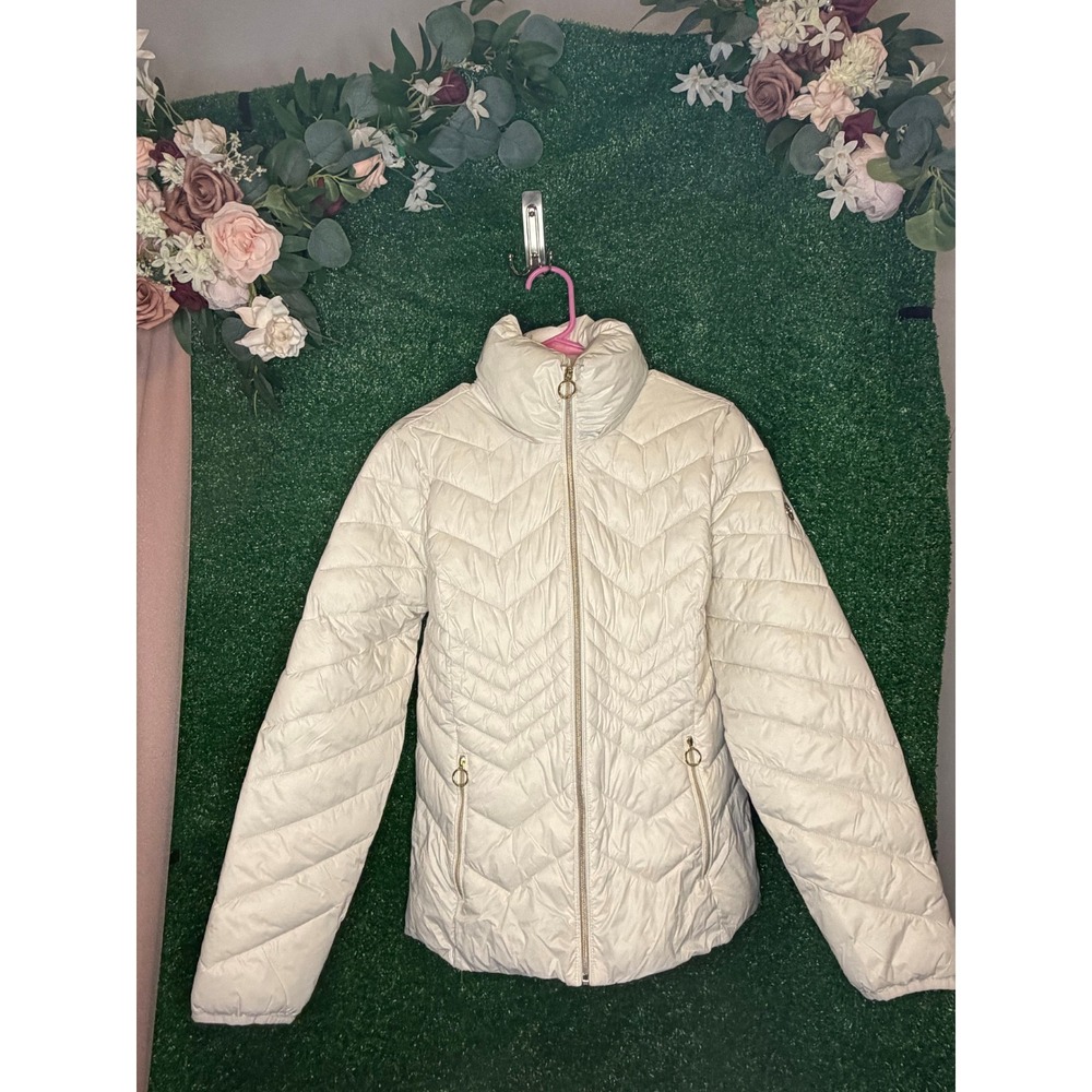 White Michael Michael Kors Packable Quilted Puffer Jacket Women's M Silver Logo